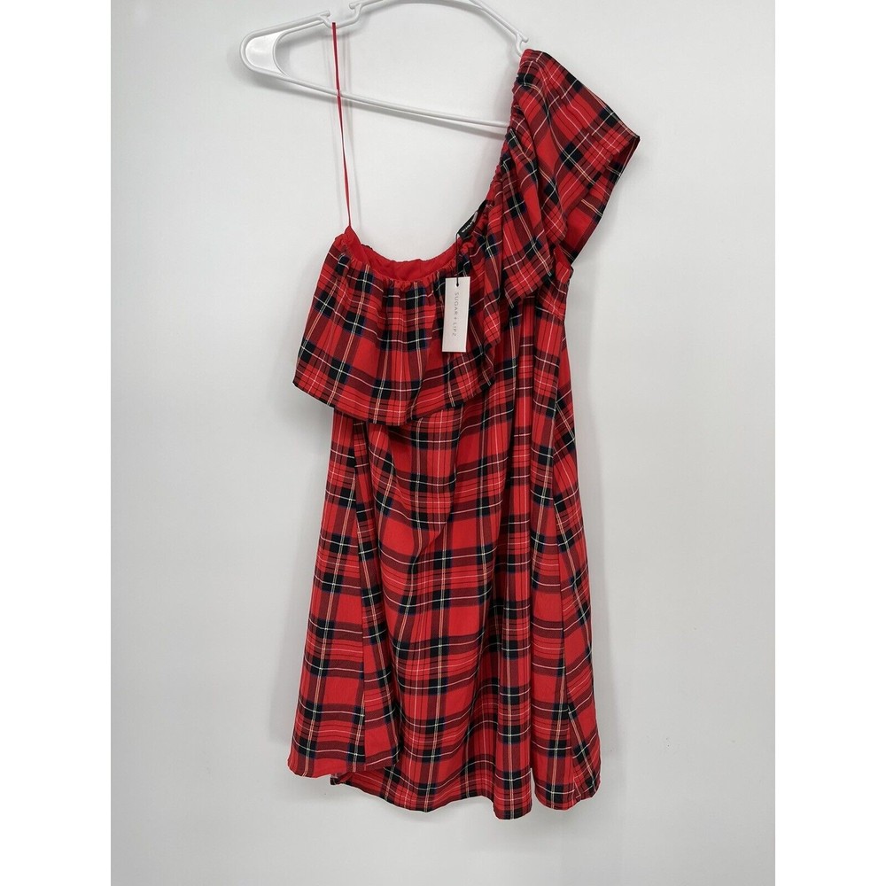 Sugarlips XS One Shoulder Mini Dress Women Red Plaid New Ruffle Holiday Festive
